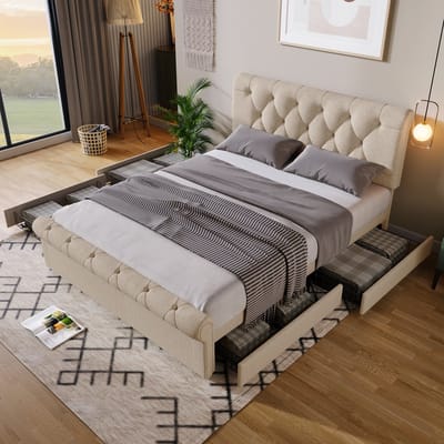 DESMIU Gestoffeerd Bed 140x200 cm – Verstelbaar Hoofdbord – 4 Laden Met Opbergruimte – Zonder Matras – Voor Slaapkamer – Linnenlook – Naturel