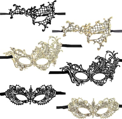 6 stuks maskerade feestmaskers set voor vrouwen in zwart en goud - kant oogmaskers voor Mardi Gras, prom, carnaval, Halloween bal - kostuumfeestviering