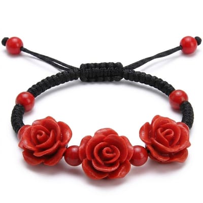 Zwart rode koord armband voor dames – verstelbare armband met rode rozen kralen – bloem ontwerp