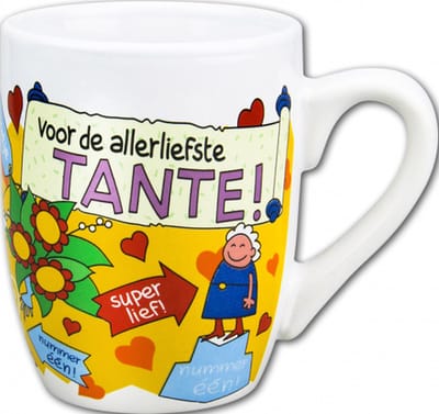 Mok - Snoep - Voor de allerliefste Tante - Cartoon - In cadeauverpakking met gekleurd krullint