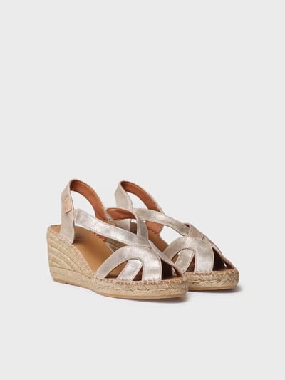 Metallic leren espadrille voor dames met sleehak en elastische bandjes | LUCIA-AS