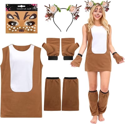 Dames Kostuum met Herten Thema voor Carnaval en Kerst, Inclusief Hoorns Haarband en Gezichtstatoeage, Perfect voor Cosplay en Feestjes