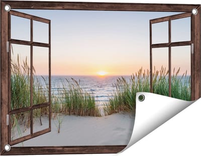Gards Tuinposter Doorkijk Zee vanuit Duinen met Zonsondergang - 60x40 cm - Tuindoek - Tuindecoratie - Wanddecoratie buiten - Tuinschilderij