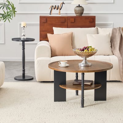 HAUSS SPOLE Salontafel Set - Ronde Tafels Met Opbergruimte - Voor Woonkamer En Slaapkamer - MDF - 80x47 En 38x67 Cm - Walnoot Zwart