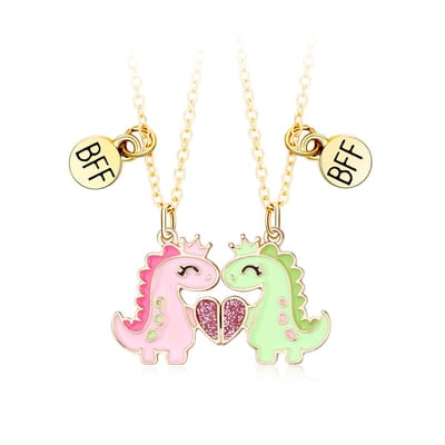 Bixorp Friends BFF Ketting voor 2 met Dinosaurussen - Goudkleurig - Roze & Groen - Magnetische Vriendschapsketting - Twee Helften Best Friends - Vriendschap Cadeau voor Twee