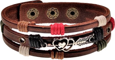 Armband Unisex - Houtkleurige Bruin Leer - Leder Armband met Dubbele Hart zilverkleurige - Multicolor-Veters