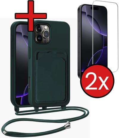 Hoesje Geschikt voor iPhone 16 Pro Hoesje Met Telefoonkoord en Pasjeshouder Met 2x Screenprotector Siliconen - Hoes Geschikt voor iPhone 16 Pro Hoesje Met Kaarthouder Case - Donkergroen