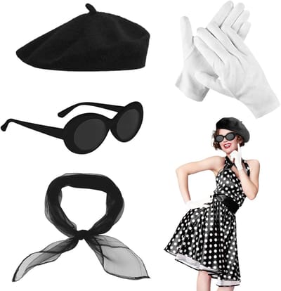 4 Stuks 50s Kostuumaccessoires Set voor Vrouwen, Retro Beret, Sjaal, Zonnebril en Handschoenen, Perfect voor Feestjes en Themadagen, Vintage Stijl 50s Outfit