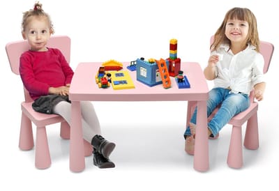 COSTWAY 3-delig kinderzitgroep, kindertafelgroep, kindertafel met 2 stoelen, kindermeubels van kunststof, kinderplacemat voor kleuterschool en kinderkamer (roze)