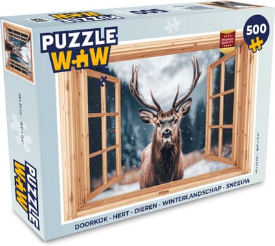 Puzzel Doorkijk - Hert - Dieren - Winterlandschap - Sneeuw - Legpuzzel - Puzzel 500 stukjes