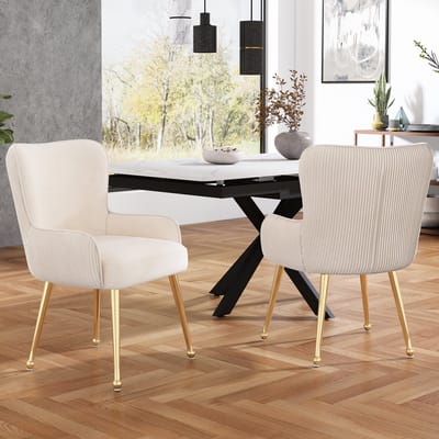 Eetkamerstoel, set van 2, luxe, woonkamer, slaapkamer, loungestoel met vier gouden metalen steunpoten, met armleuningen en verstelbare voeten, lendensteun, Beige