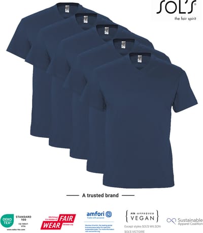 5 Pack SOLS V-hals, Heren T-Shirt 100% katoen V-hals, Denim Blauw, Maat S