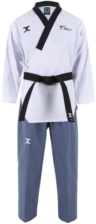 JCalicu poomsae dan taekwondopak voor dames | WT | Wit / Blauw (Maat: 160)