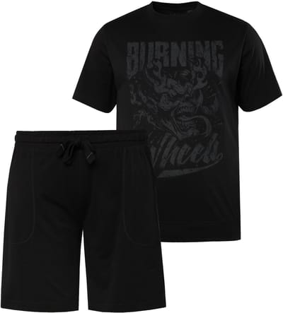 JP 1880 - Heren - Pyjama korte tweedelige set Buik-Fit T-shirt met print - Zwart - Maat XL