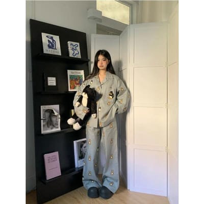 Cartoon Pinguïn, Kleine Beer, Pyjamaset met Lange Mouwen voor Dames in Lente en Herfst, Nieuwe Internet Rode Stijl Set 4XL