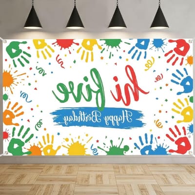 Kleurrijke handafdruk fotoachtergrond 180 x 110 cm voor verjaardagsfeest en fotoshoots, polyester achtergronddecoratie voor evenementen
