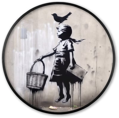 Poster in lijst Rond - Fotolijst 60x60 cm - Posters - Graffiti - Meisje - Vogel - Street Art - Banksy Style - Ronde posterlijst zwart - Decoratie - Wanddecoratie woonkamer - Muurdecoratie slaapkamer