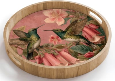 Dienblad rond 40x40 cm - Schootdienblad hout - Kolibries - Bloemen - Groen - Roze - Borrelplank rechthoek - Plateau houten dienbladen