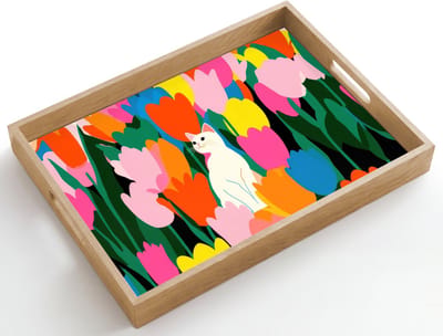 Dienblad hout 50x35 cm - Schootdienblad - Tulpen - Kat - Kleurrijk - Borrelplank rechthoek - Plateau dienbladen