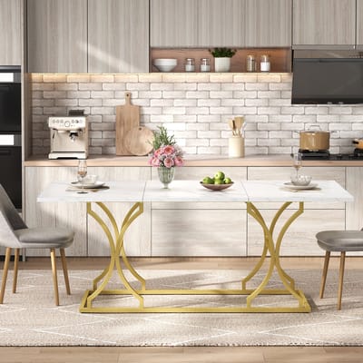MODFU Eettafel 200×80×76 cm Marmerlook – 2,5 cm MDF blad, wit-goud metalen poten, 8–10 personen