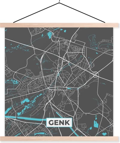 Posterhanger incl. Poster 40x40 cm - Schoolplaat - België – Genk – Stadskaart – Kaart – Blauw – Plattegrond - Textielposter - Blanke latten - Stadskaart
