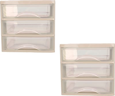Plasticforte ladeblokje - bureau organizer - 2x - met 3 lades - transparant/taupe - L18 x B21 x H17 cm - kunststof