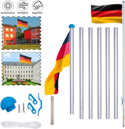 ACXIN Aluminium Telescoop Vlaggenmast Stabil 6,5m met Duitse Vlag 150x80cm en Grondbuis 50cm