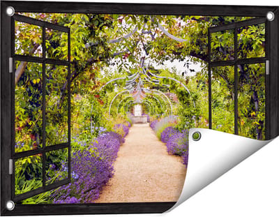 Gards Tuinposter Doorkijk Lavendel Pad - 60x40 cm - Tuindoek - Tuindecoratie - Wanddecoratie buiten - Tuinschilderij