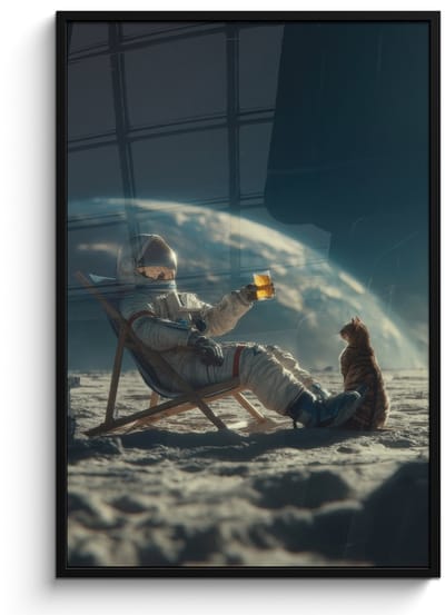 Poster in lijst - Fotolijst 80x120 cm - Posters - Astronaut - Kat - Glas - Stoel - Posterlijst zwart - Decoratie - Wanddecoratie woonkamer - Muurdecoratie slaapkamer