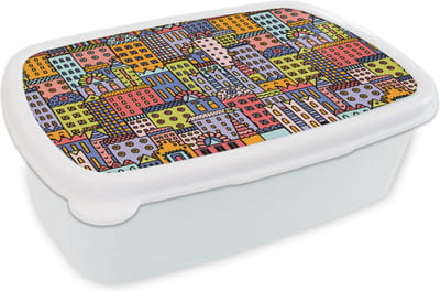 Broodtrommel Wit - Lunchbox - Brooddoos - Huis - Regenboog - Patroon - 18x12x6 cm - Volwassenen