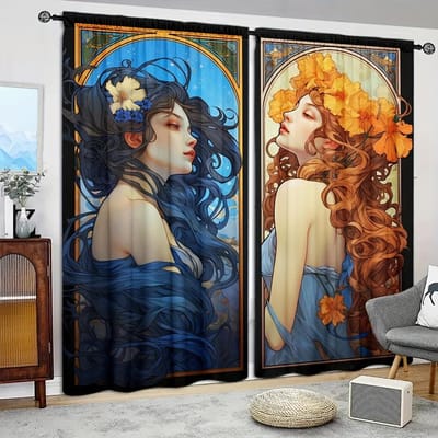 2 stuks Godin van Zon en Maan Bedrukt Gordijn voor Huisdecoratie - Tunnelgordijn Raambekleding voor Slaapkamer, Kantoor, Keuken, Woonkamer 52.5cmX116cm X 2pcs gray