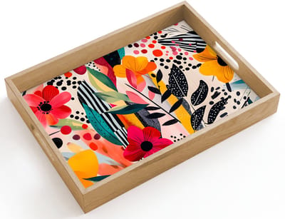Dienblad hout 40x30 cm - Schootdienblad - Bloemen - Bladeren - Abstract - Kleurrijk - Borrelplank rechthoek - Plateau dienbladen