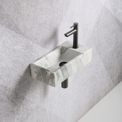 Fonteinset Mia 40.5x20x10.5cm marmerlook wit grijs rechts inclusief fontein kraan, sifon en afvoerplug gun metal