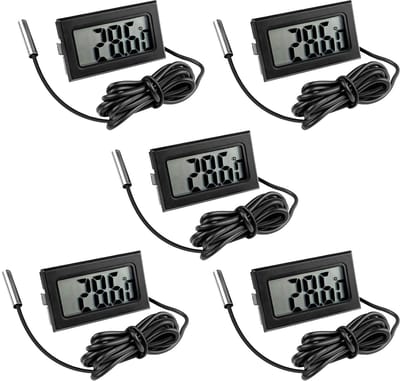 Set van 5 stuks - Aquariumthermometer met digitaal display - Met waterdichte kabelsensor - LCD-bewaking - Voor gebruik in koelkasten / vriezers / aquaria - Nauwkeurige temperatuurmeting