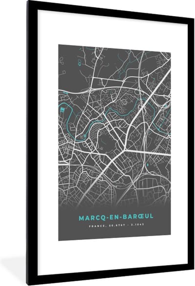 Fotolijst incl. Poster - Marcq-en-Barœul - Stadskaart - Kaart - Plattegrond - Frankrijk - 80x120 cm - Posterlijst