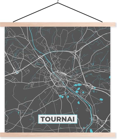 Posterhanger incl. Poster 40x40 cm - Schoolplaat - Stadskaart – Grijs - Kaart – Tournai – België – Plattegrond - Textielposter - Blanke latten - Stadskaart