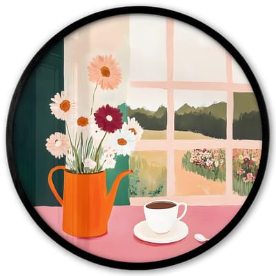 Poster in lijst Rond - Fotolijst 40x40 cm - Posters - Bloemen - Koffie - Raam - Ronde posterlijst zwart - Decoratie - Wanddecoratie woonkamer - Muurdecoratie slaapkamer