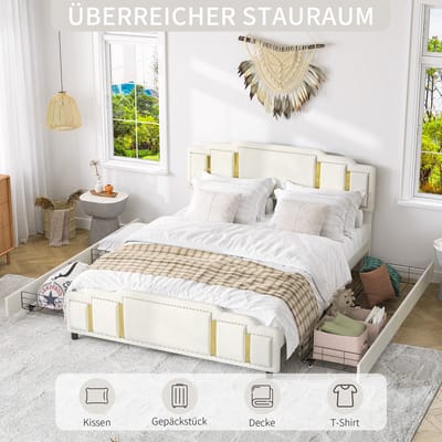 MIVRAY Gestoffeerd Bed 160x200 cm - Zonder Matras Met Ledverlichting En 4 Laden - Tweepersoonsbed Van Fluweel - Beige