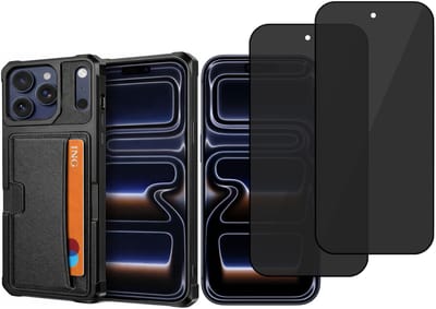 Pasjes Houder Hoesje & 2x Privacy Screenprotector geschikt voor iPhone Pro Hoesje Screenprotector - Gehard Glas Cover Privé + Heavy Duty Case - Magnetisch Portemonnee Hoesje Cover - Zwart