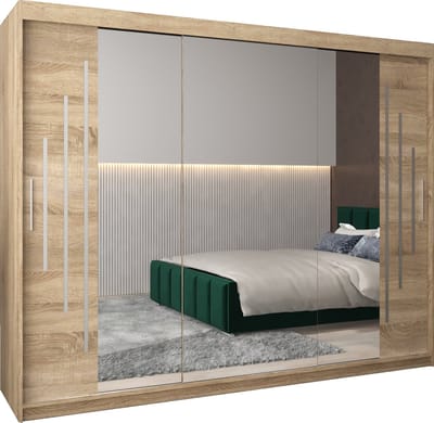 InspireMe - Kledingkast met 3 schuifdeuren, Modern-stijl, Een kledingkast met planken en een spiegel (BxHxD): 250x200x62 - MALTESE II 250 Sonoma Eik
