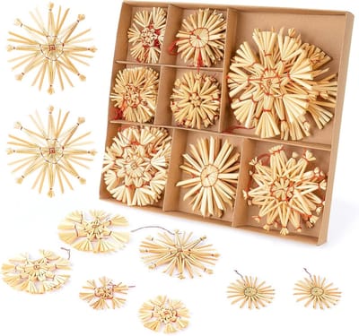 32 Stuks Stro Ster Kerstboomdecoraties - Natuurlijke Stro Versieringen voor Kerst - Diameter 6, 8 en 10 cm
