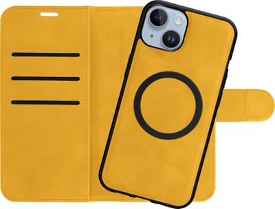 Cazy hoesje geschikt voor iPhone 15 Hoesje met Pasjeshouder geschikt voor MagSafe - Uitneembare 2-in-1 Premium Bookcase - Geel