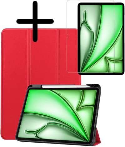 Hoesje Geschikt voor Apple iPad Air M3/M4 (2025/2026) - 11 inch - Met Screenprotector - Trifold Bookcase - Hard Cover Case - Met Uitsparing Geschikt voor Apple Pencil - Hardcover Book - Tablet Hoes - Rood