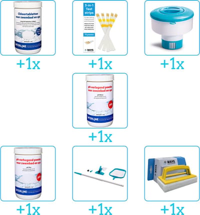 Zwembad Onderhoudspakket - Onderhoud Zwembad - bevat Chloor - Testrips - Chloordrijver - PH-min - PH-plus - Schoonmaakset en Scrubborstel (7-delig)