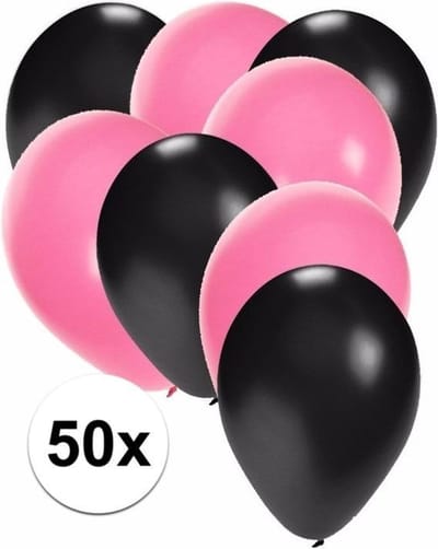 50x ballonnen zwart en lichtroze - knoopballonnen