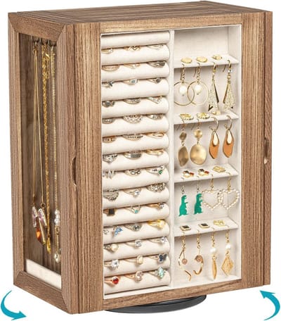 Draaibaar Sieradendoosje voor Dames met 5 Laden - Houten Juwelendoos met Glazen Deur - Vintage Bruin Cadeau voor Oorbellen, Halskettingen, Ringen en Armbanden