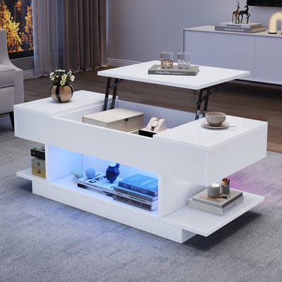 Salontafel - 98x45x40cm - Lift Salontafel 2 Opbergkasten LED Halfoffen - Opbergruimte - Hoogglans - Wit