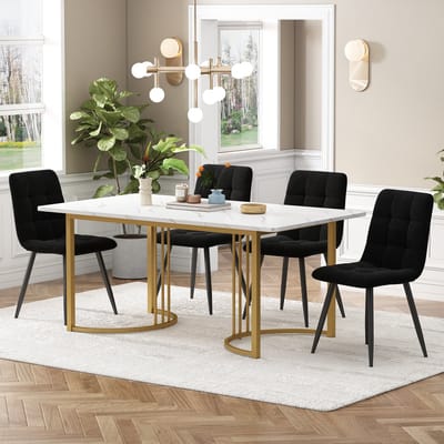 Sweiko Eettafel set (5-delige set), Eettafel set met 4-stoelen, Moderne keuken eettafel set, 140 x 80cm keuken eettafel met gouden metalen poten, Wit MDF tafelblad, Zwart fluweel eetkamerstoelen