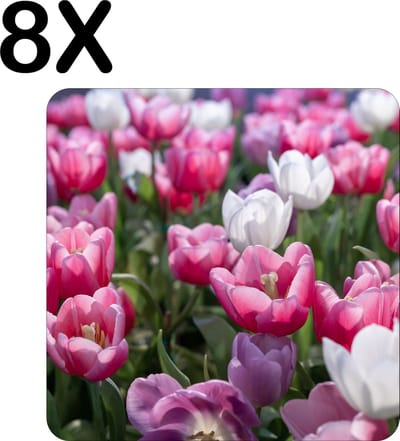 Luxe Placemat - Roze met Witte Tulpen - Set van 8 Placemats - 50x50 cm - 2 mm dik Vinyl - Anti Slip - Afneembaar