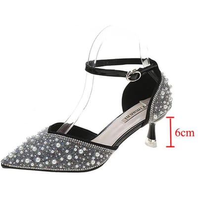 Bling Kristal Dunne Hakken Pumps Vrouwen Nieuwe Puntige Neus Enkelbandje Hoge Hakken Schoenen Vrouwelijke Mode Parel Bruiloft Feestschoenen 34 zwart